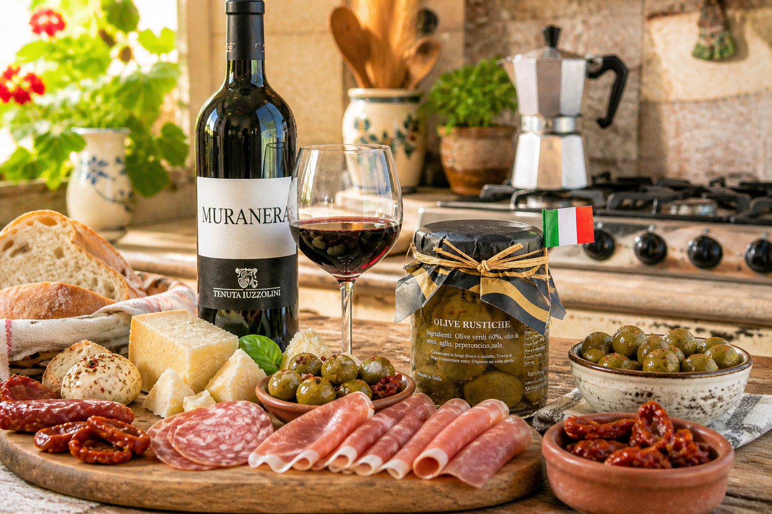 Oliven aus Sizilien mit Antipasti, Käse und Rotwein – italienische grüne Oliven in Öl serviert