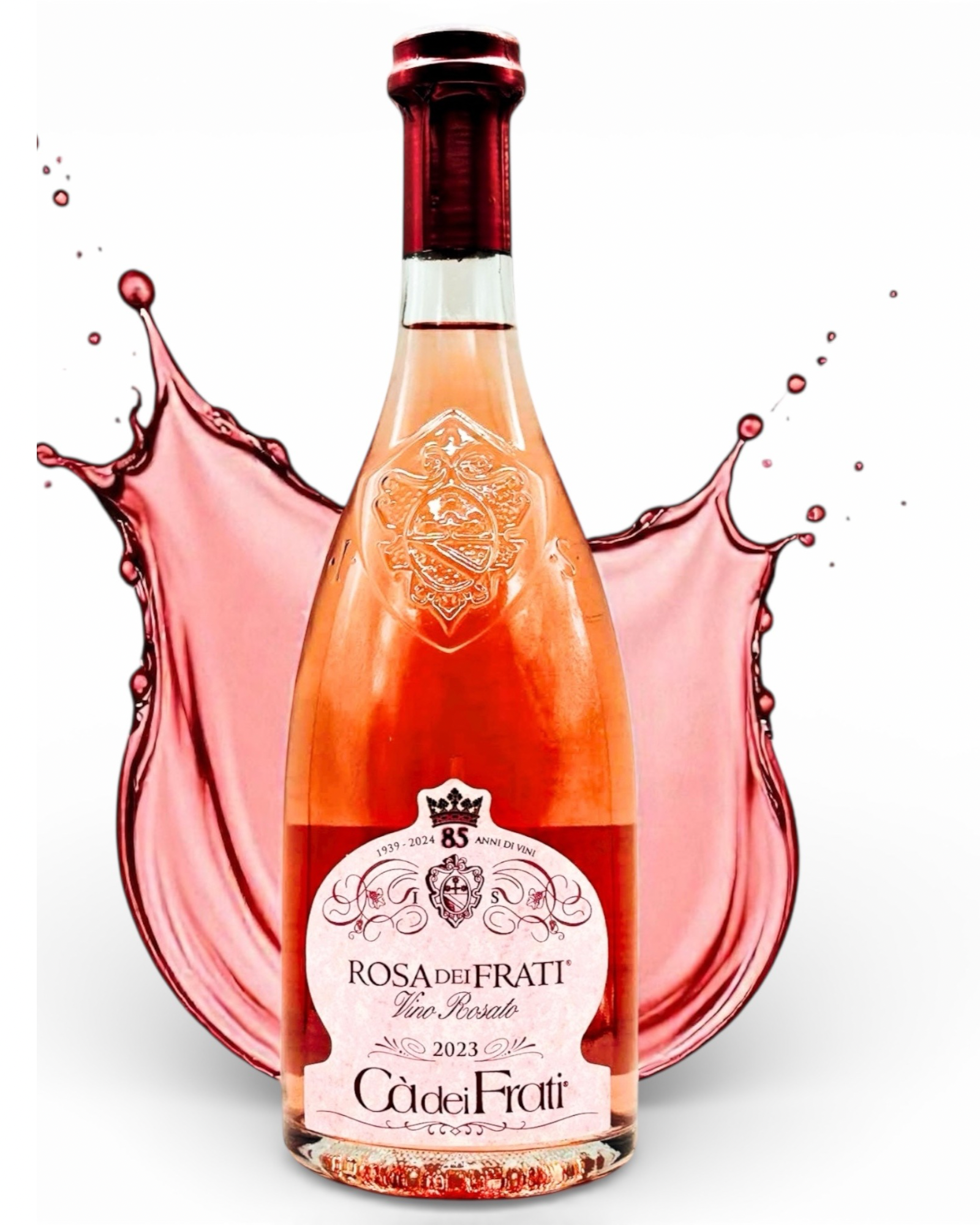 Rosa dei Frati Roséwein 2023 Cà dei Frati Flasche mit Roséwein-Splash auf weißem Hintergrund