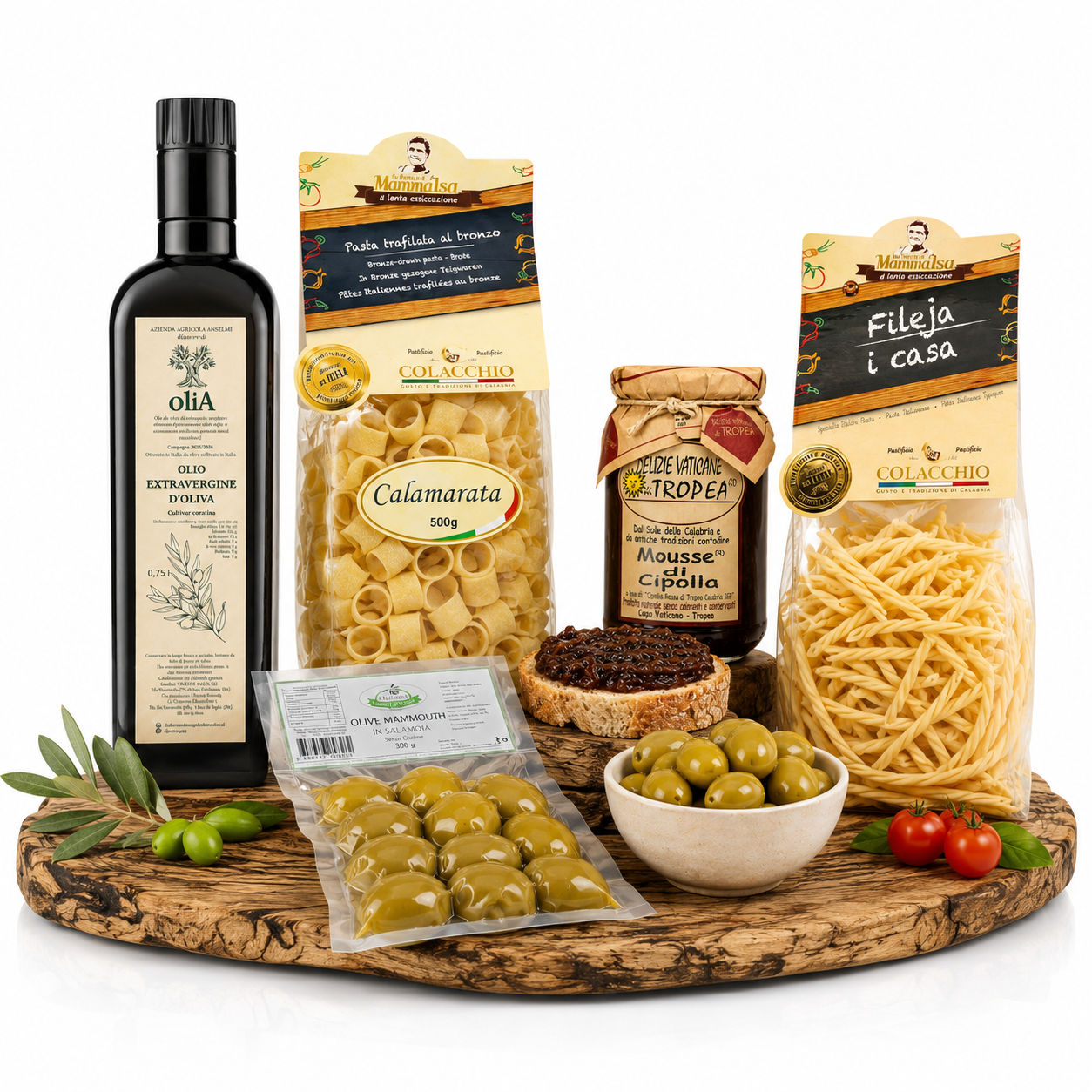 Italienisches Delikatessen Paket mit Olivenöl Extra Vergine, Calamarata Pasta, Fileja Pasta, Tropea Zwiebelmousse und Mammouth Oliven