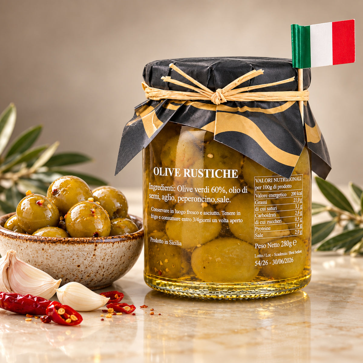 Oliven aus Sizilien mit Knoblauch & Chili – Grüne Oliven in Öl, 280g