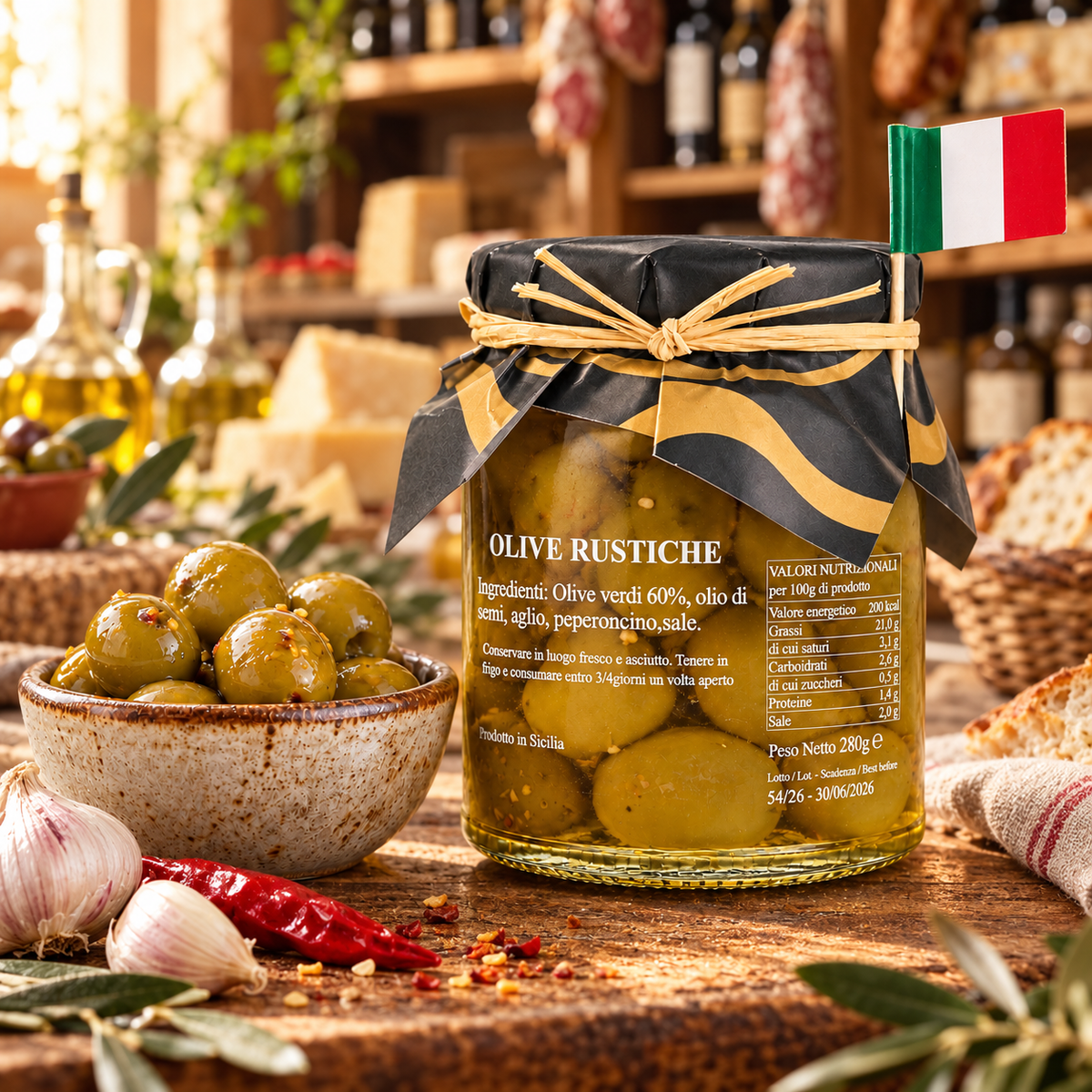 Oliven aus Sizilien mit Knoblauch & Chili – Grüne Oliven in Öl, 280g – Präsentation im italienischen Feinkostladen