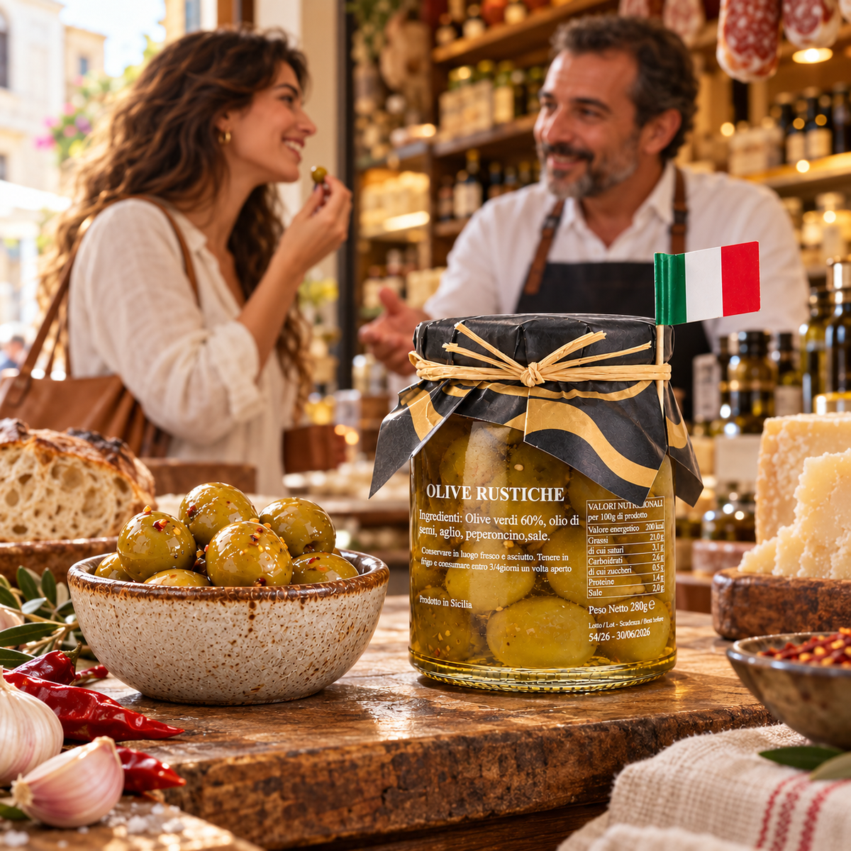 Oliven aus Sizilien mit Knoblauch & Chili – Grüne Oliven in Öl, 280g – Einkauf im italienischen Feinkostladen