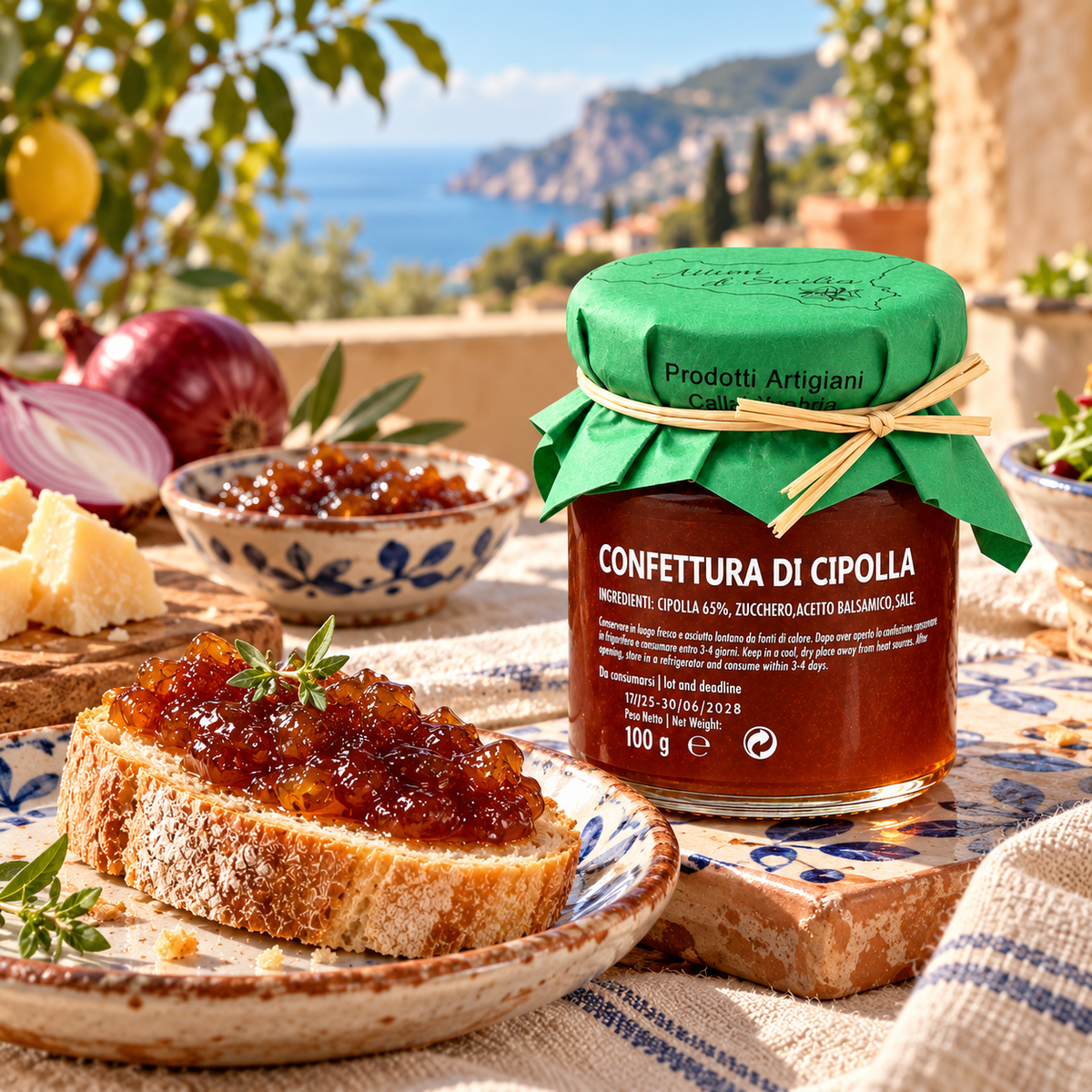 Zwiebelmarmelade aus Sizilien – Confiture di Cipolla mit Balsamico, 100g – Serviervorschlag auf einer italienischen Terrasse