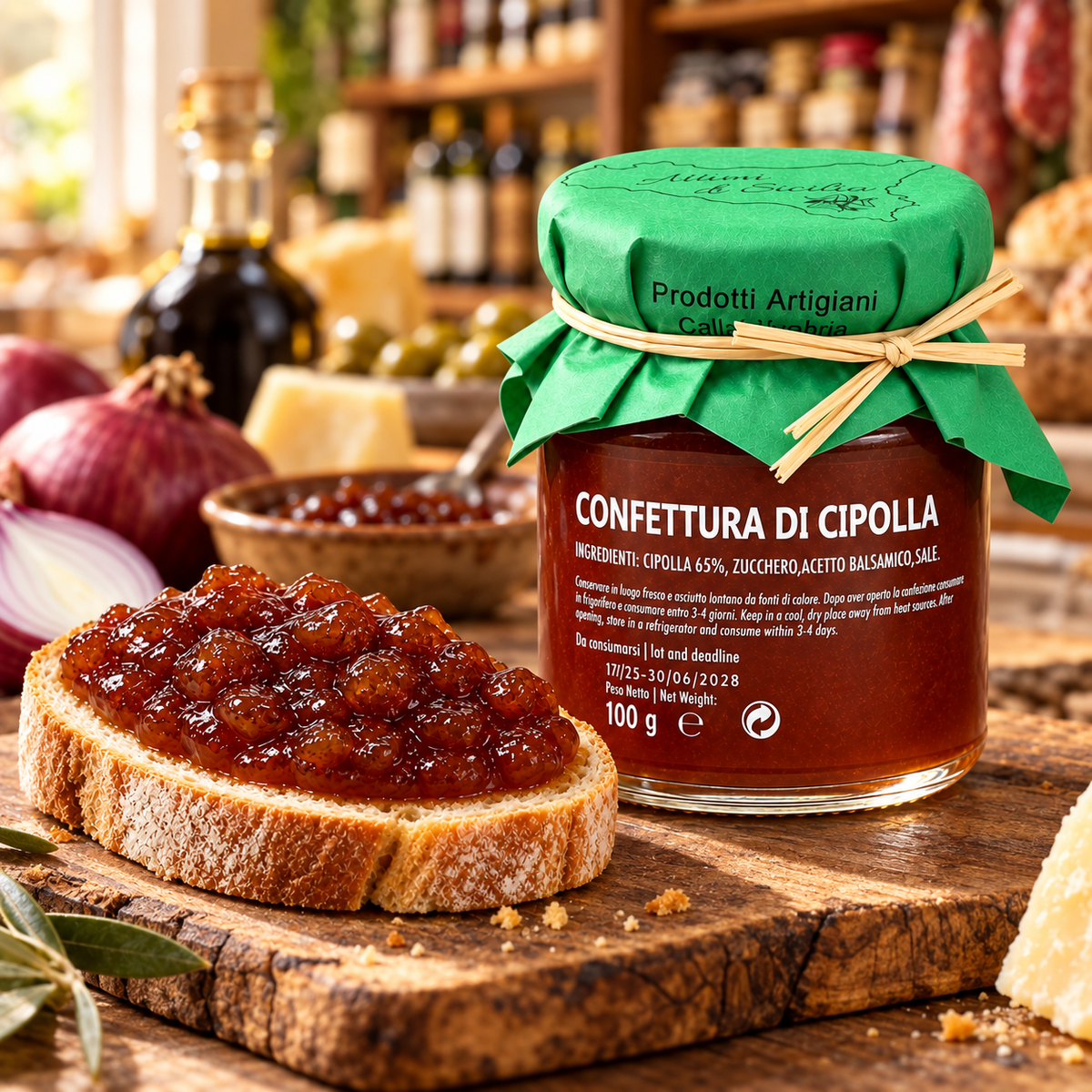 Zwiebelmarmelade aus Sizilien – Confiture di Cipolla mit Balsamico, 100g – Präsentation im italienischen Feinkostladen