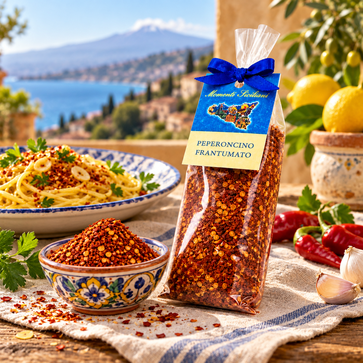 Peperoncino frantumato aus Sizilien – Chili Flocken scharf, 50g – Serviervorschlag auf italienischer Terrasse