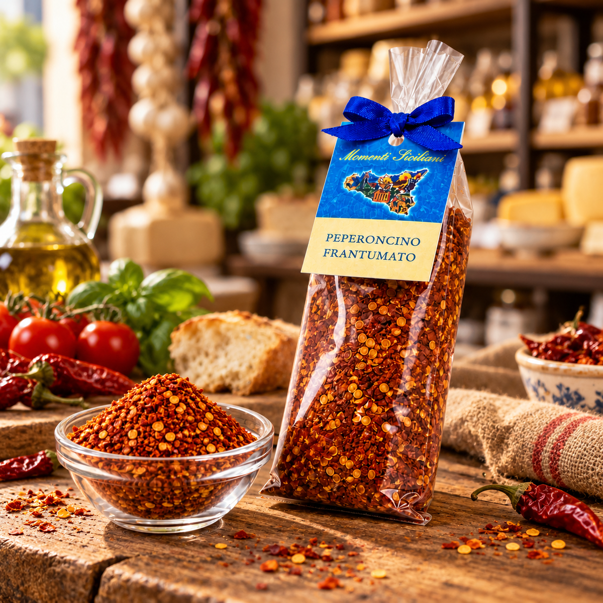 Peperoncino frantumato aus Sizilien – Chili Flocken scharf, 50g – Präsentation im italienischen Feinkostladen