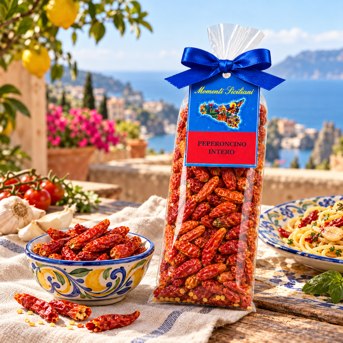 Peperoncino intero aus Sizilien – Ganze getrocknete Chili, 30g – Serviervorschlag auf einer italienischen Terrasse