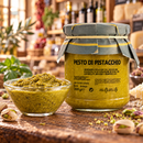 Pistazien Pesto aus Sizilien – Pesto di Pistacchio, 75% Pistazien, 200g – Präsentation im italienischen Feinkostladen