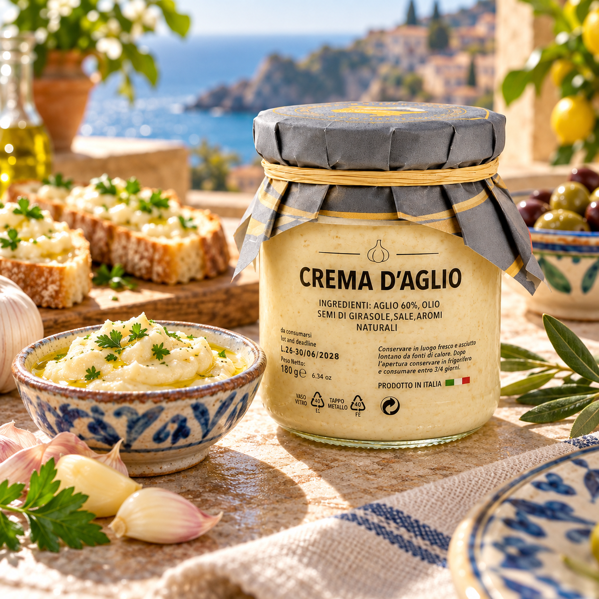 Crema d'Aglio aus Sizilien – Italienische Knoblauchcreme, 180g – Serviervorschlag auf italienischer Terrasse