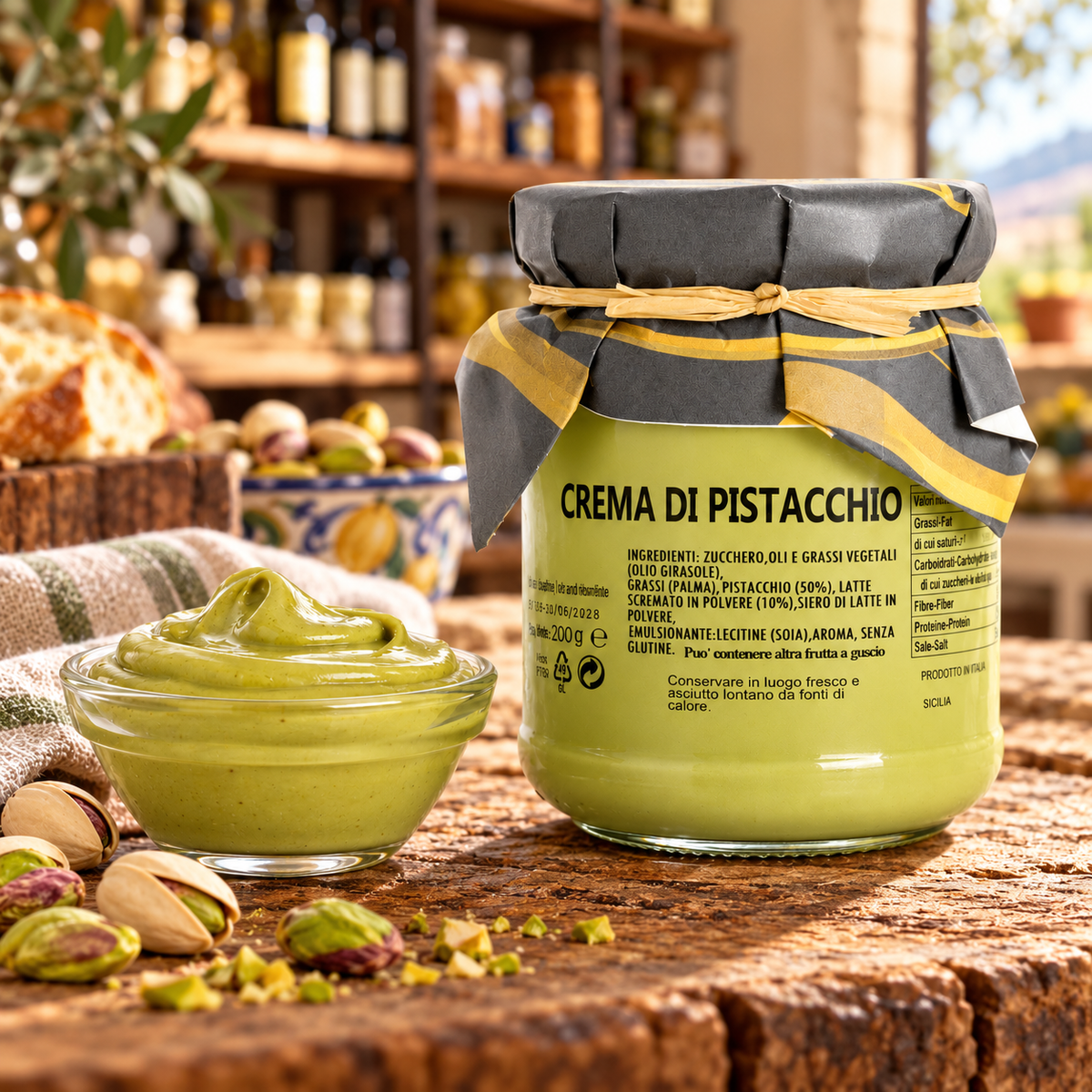 Pistaziencreme aus Sizilien – Crema di Pistacchio, 200g – Präsentation im italienischen Feinkostladen