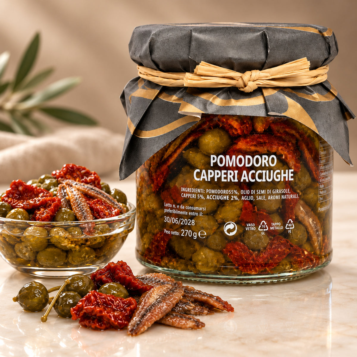 Pomodoro Capperi Acciughe – Sizilianische Antipasti mit Kapern und Sardellen, 270g
