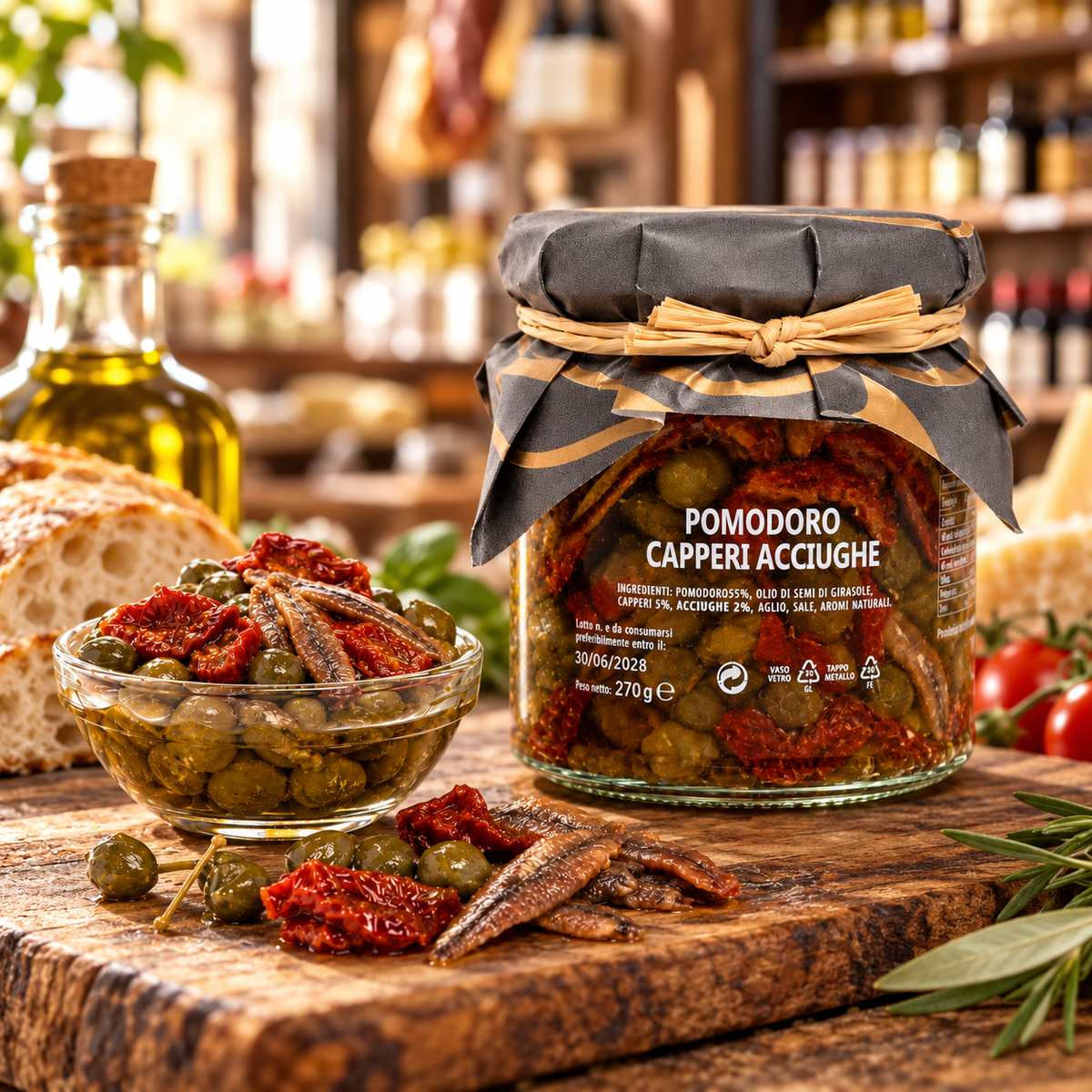 Pomodoro Capperi Acciughe – Sizilianische Antipasti mit Kapern und Sardellen, 270g – Präsentation im italienischen Feinkostladen