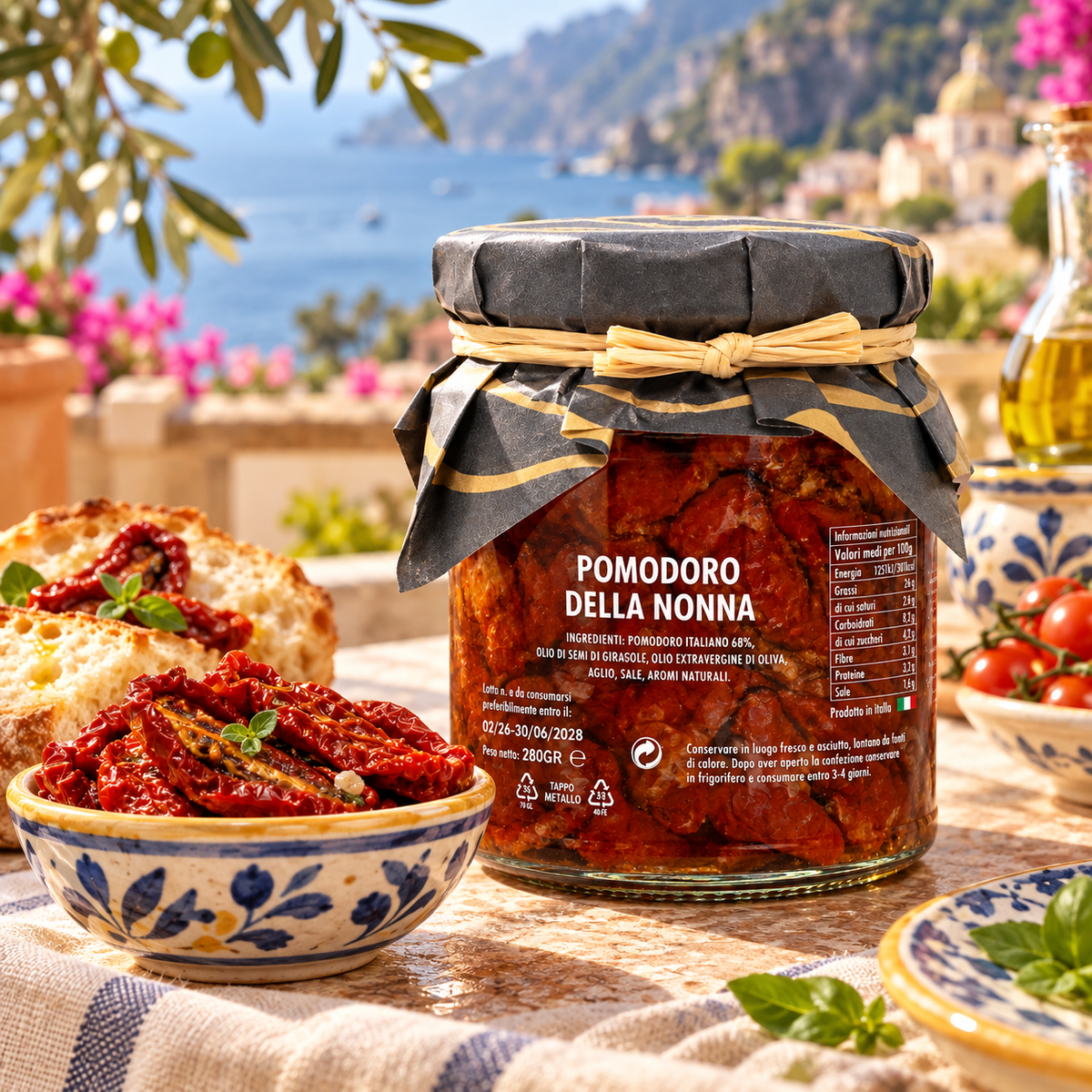 Pomodoro della Nonna – Getrocknete Tomaten in Olivenöl aus Sizilien, 280g – Serviervorschlag auf italienischer Terrasse