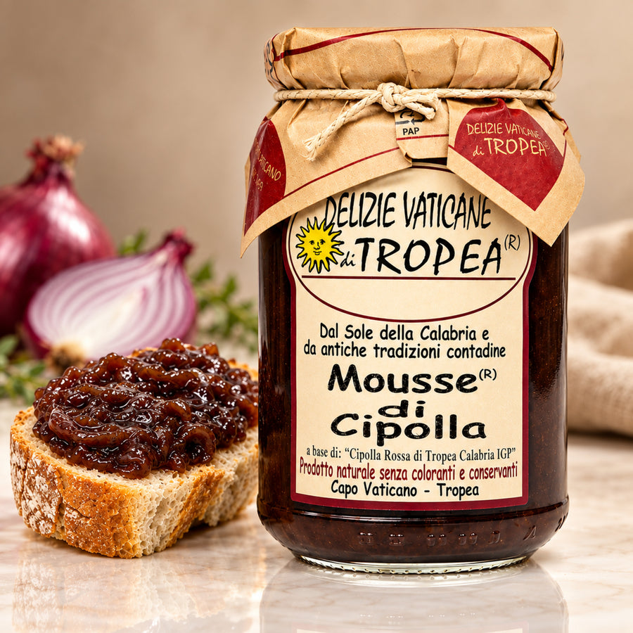 Mousse di Cipolla di Tropea IGP – Kalabrische Zwiebelmarmelade, 314ml – Produktaufnahme mit dezenter Spiegelung
