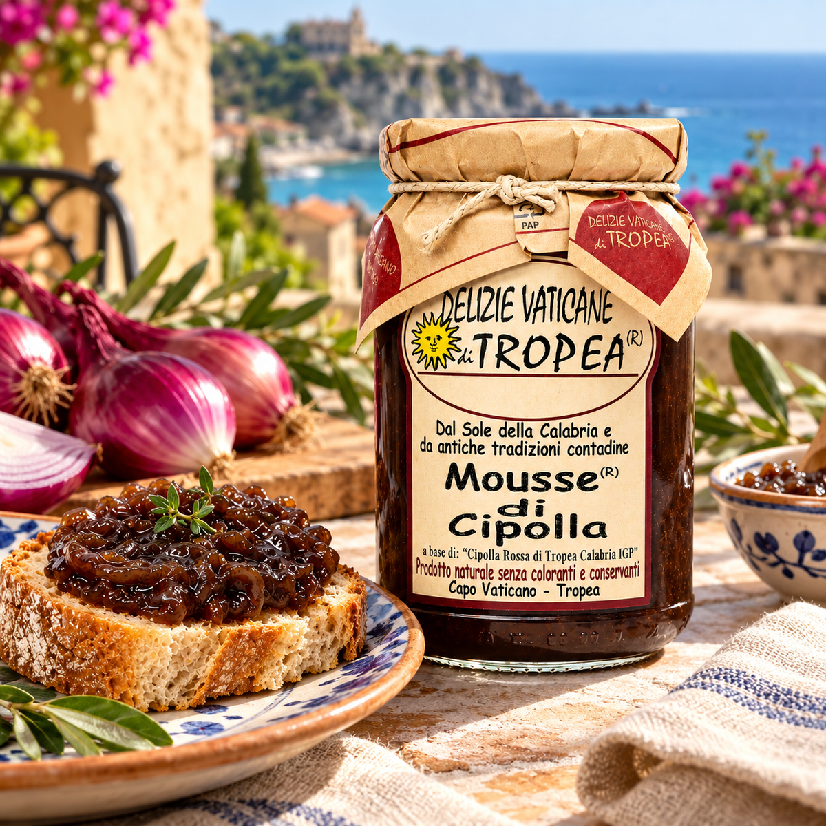Mousse di Cipolla di Tropea IGP – Kalabrische Zwiebelmarmelade, 314ml – Serviervorschlag auf einer italienischen Terrasse