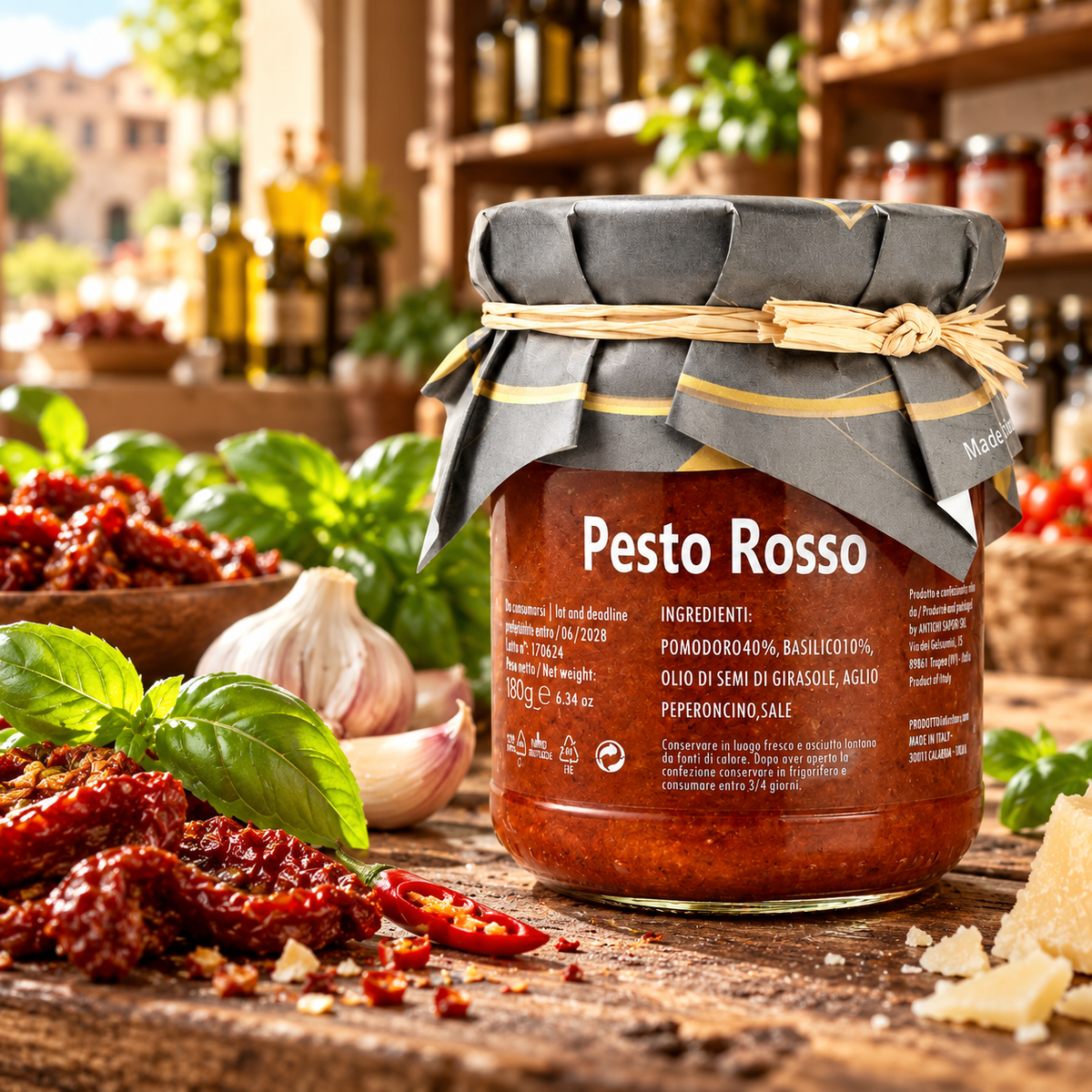 Pesto Rosso aus Sizilien – Tomatenpesto mit Basilikum und Peperoncino, 180g – Präsentation im italienischen Feinkostladen