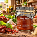 Pesto Rosso aus Sizilien – Tomatenpesto mit Basilikum und Peperoncino, 180g – Präsentation im italienischen Feinkostladen