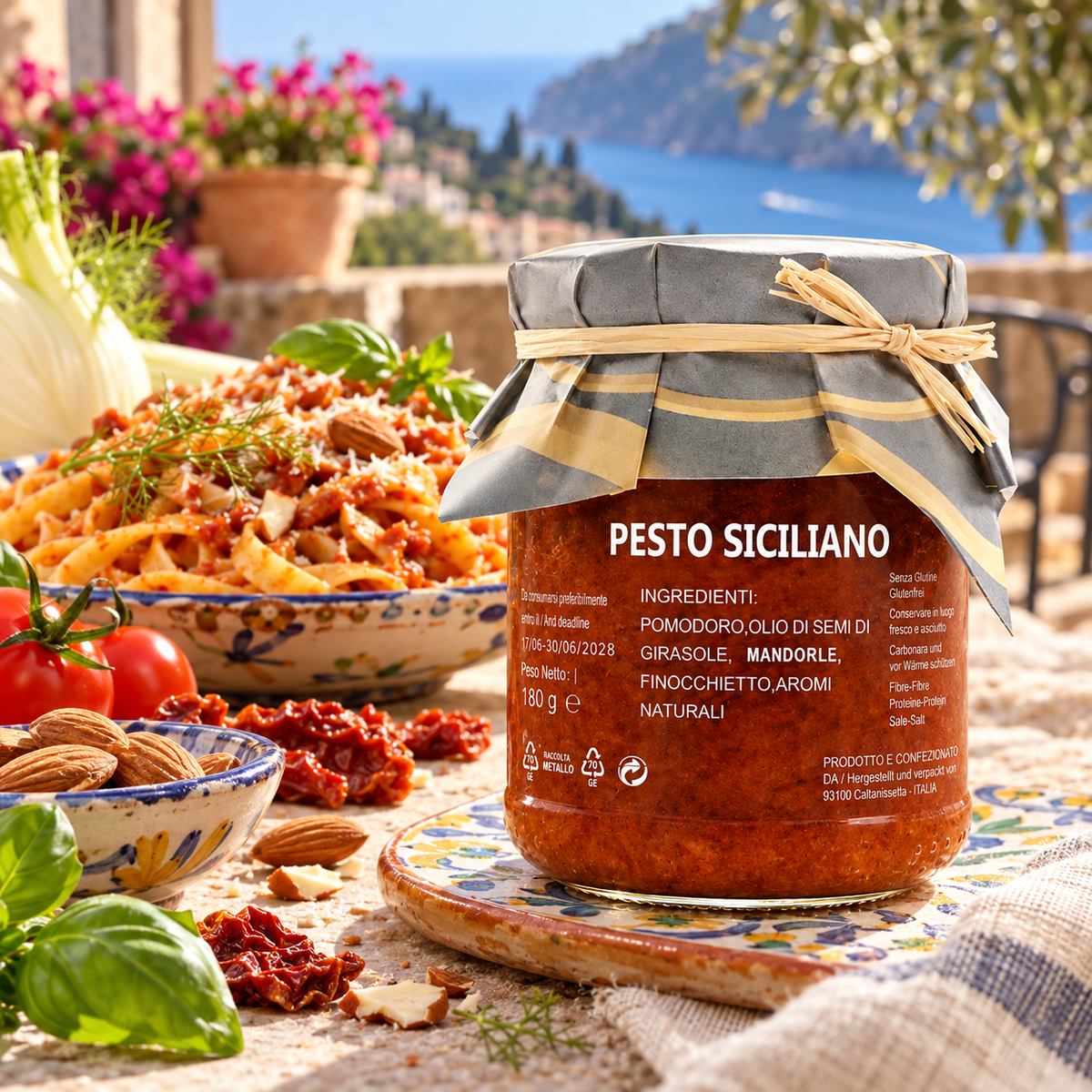 Pesto Siciliano aus Sizilien – Mandelpesto mit Tomaten und Fenchel, 180g – Serviervorschlag auf einer italienischen Terrasse