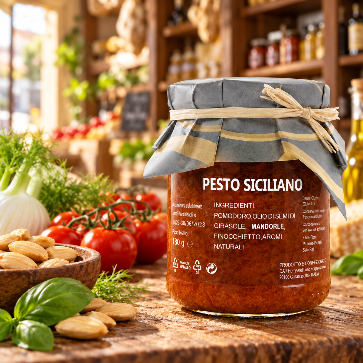 Pesto Siciliano aus Sizilien – Mandelpesto mit Tomaten und Fenchel, 180g – Präsentation im italienischen Feinkostladen