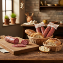 Traditionelle italienische Salami auf Holzbrett mit frischem Brot in rustikaler Küche, hochwertige Delikatessen aus Italien