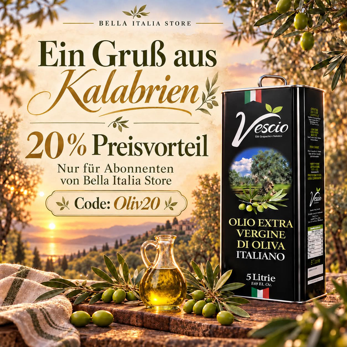 Vescio Olivenöl extra vergine aus Kalabrien im 5-Liter-Kanister – 20 % Rabatt für Abonnenten von Bella Italia Store mit Code Oliv20.
