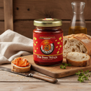 The Bees ’Nduja Bellantone im Glas mit Brot und Olivenöl auf rustikalem Holztisch – kalabrische scharfe Nduja Spezialität Bella Italia Store