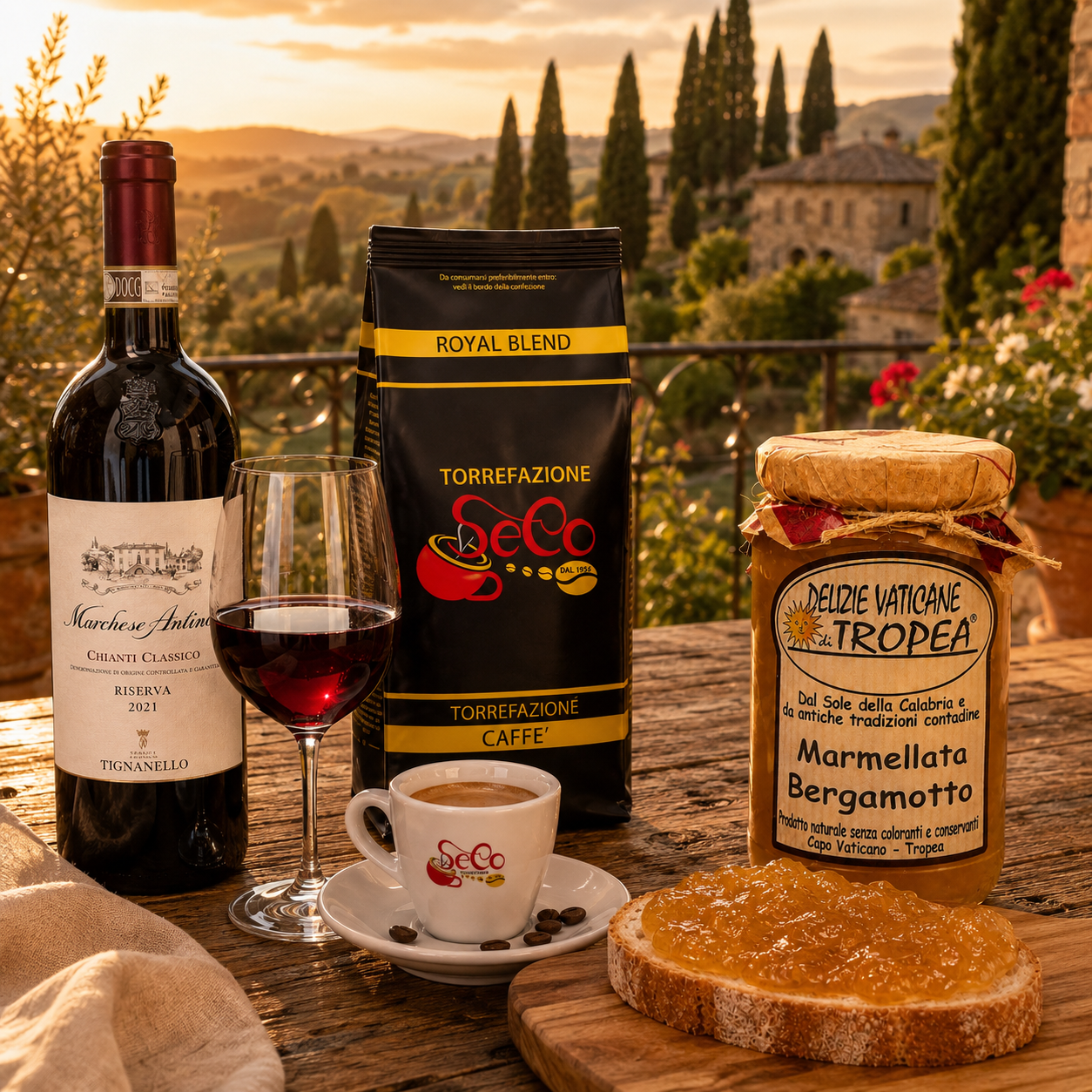 🇮🇹 Italienisches Feinkost Paket mit Chianti, Kaffee & Bergamotte Marmelade