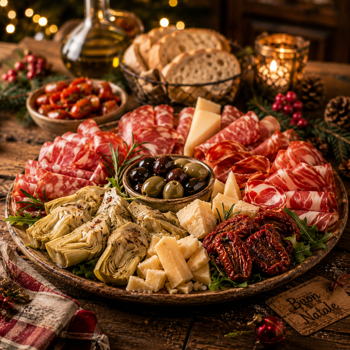 Serviervorschlag mit italienischen Antipasti, Käse und Aufschnitt