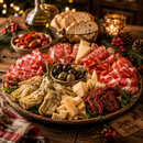 Serviervorschlag mit italienischen Antipasti, Käse und Aufschnitt