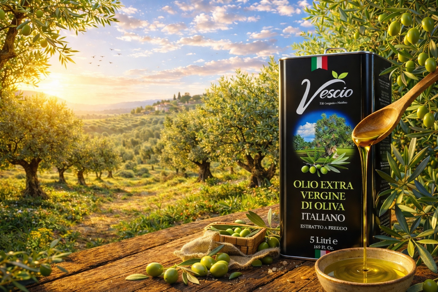 Italienisches Olivenöl extra vergine 5 Liter Vescio kaltgepresst Olivenhain Sonnenuntergang Premium Olivenöl Italien kaufen