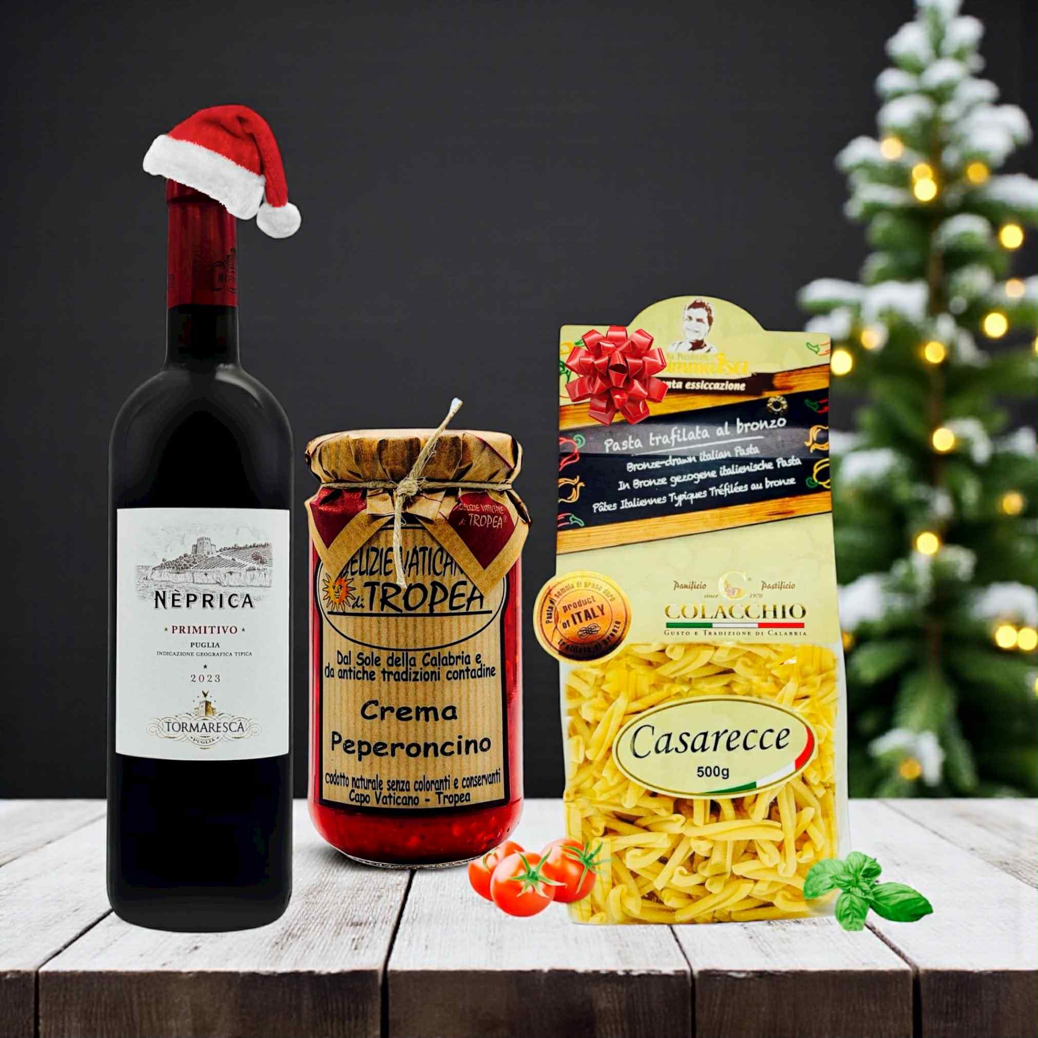Italienisches Weihnachts Geschenkset – Primitivo, Casarecce & Peperoncino