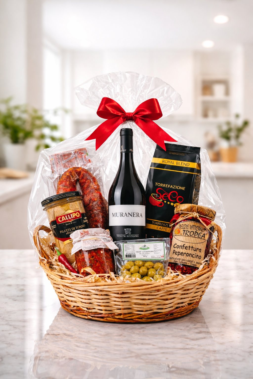 Italienischer Geschenkkorb mit Wein und Feinkost