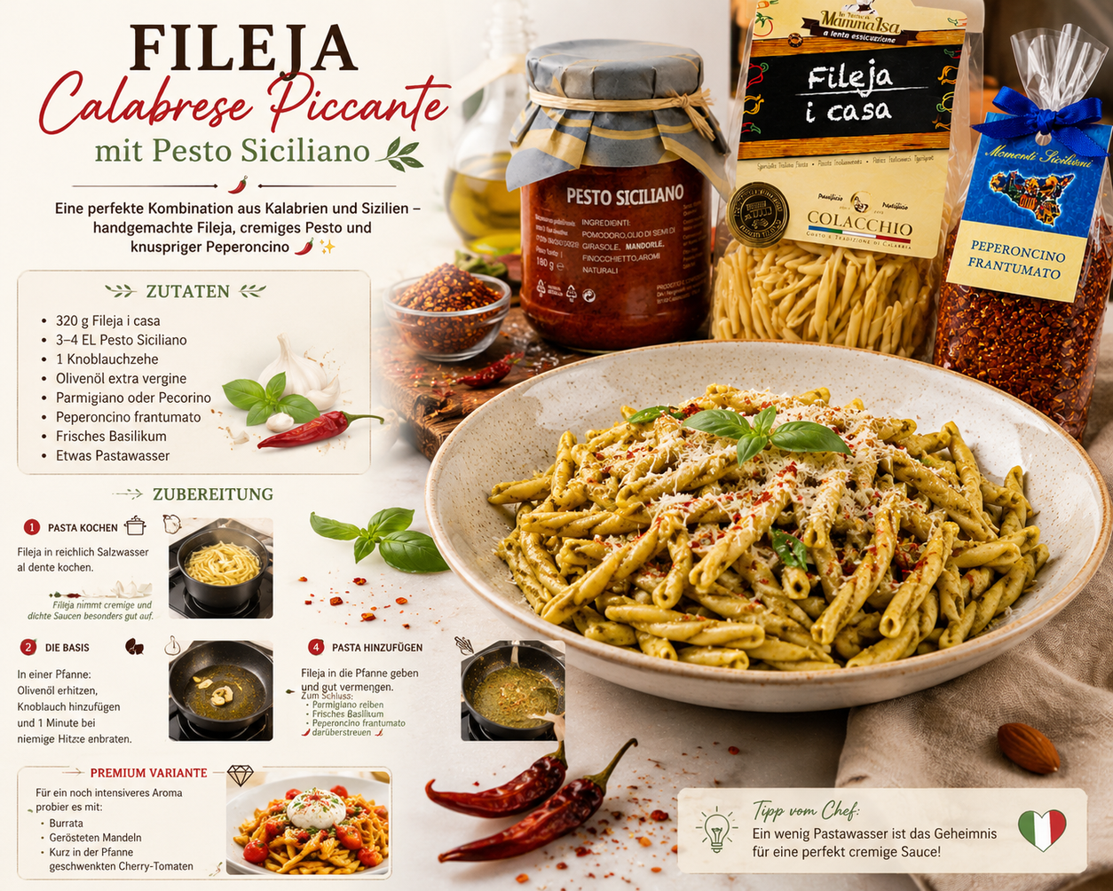 Fileja Calabrese mit Pesto Siciliano und Peperoncino – Italienisches Genuss Paket 🇮🇹