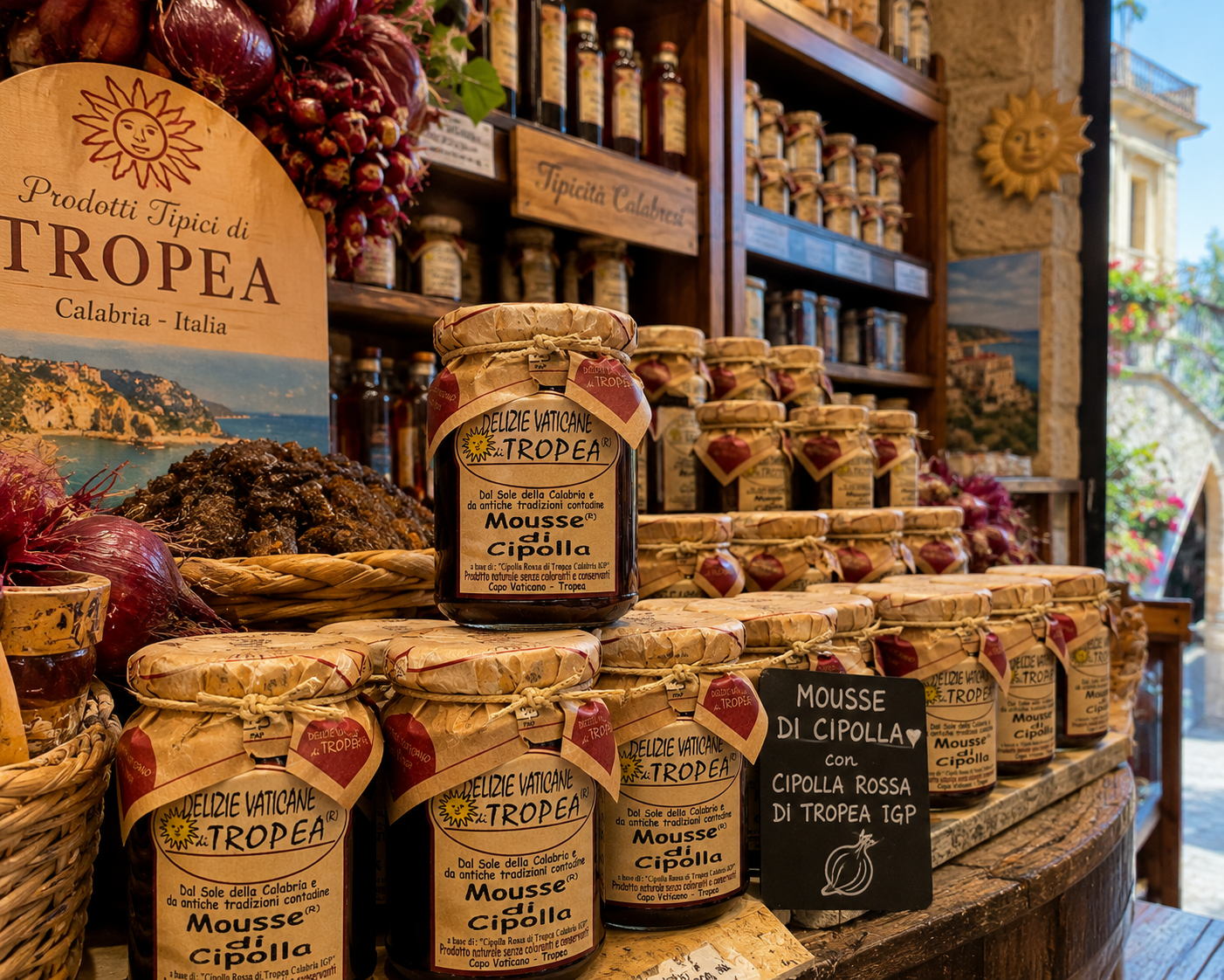     Traditionelle Zwiebelmousse aus Tropea präsentiert im rustikalen italienischen Feinkostladen mit handgemachten Spezialitäten