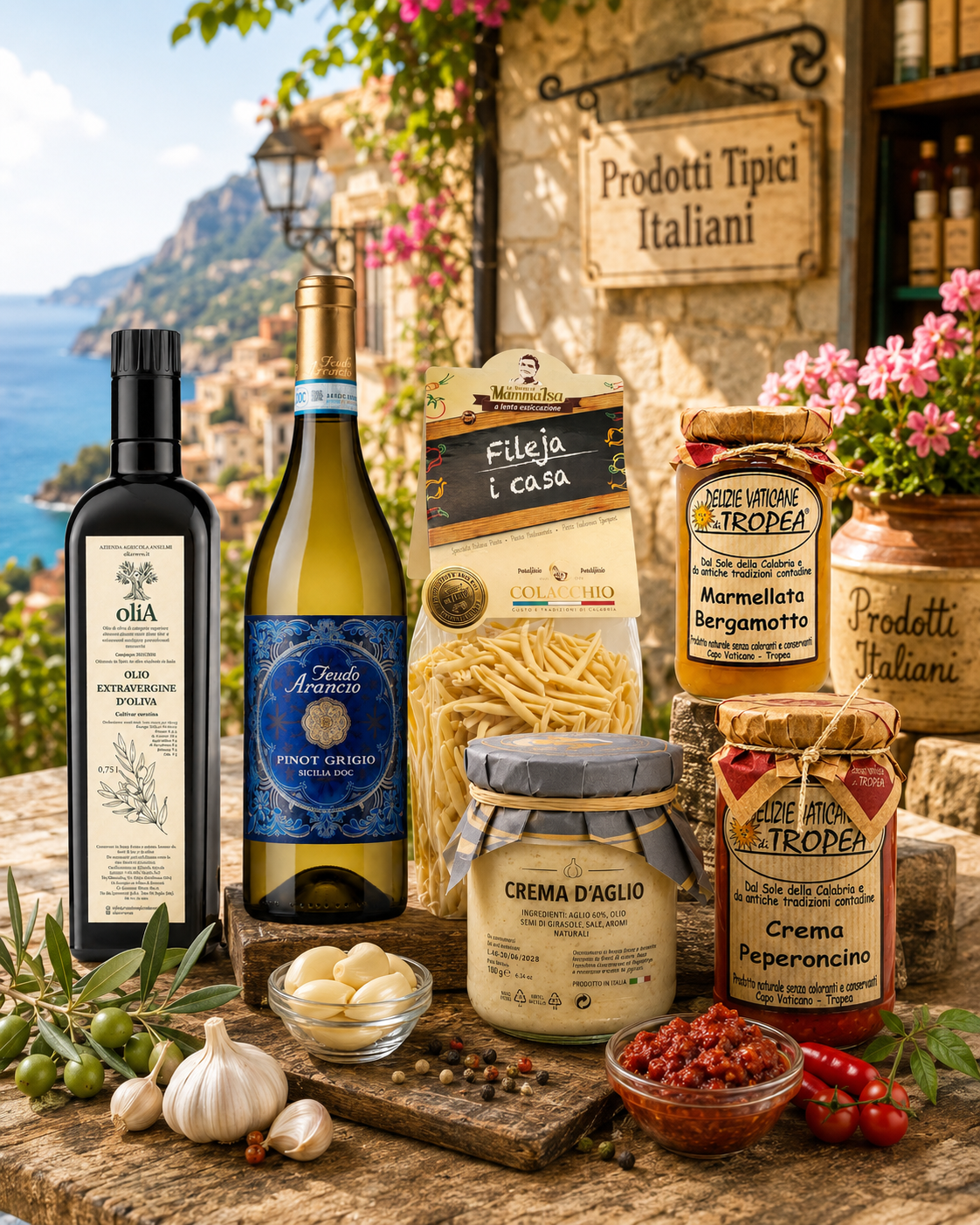 Mediterrane Feinkost aus Süditalien mit Wein, Pasta, Bergamottenmarmelade, Knoblauchcreme und Chili-Spezialitäten