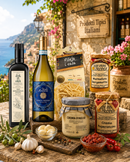 Mediterrane Feinkost aus Süditalien mit Wein, Pasta, Bergamottenmarmelade, Knoblauchcreme und Chili-Spezialitäten
