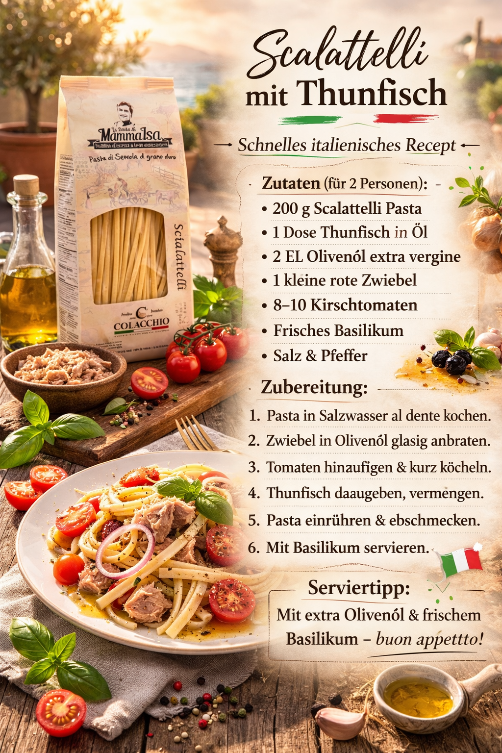 Rezept für Scalattelli Pasta mit Thunfisch und Tomaten, italienische Pasta von Colacchio mit Zutatenliste und fertigem Gericht – traditionelle italienische Küche
