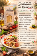 Rezept für Scalattelli Pasta mit Thunfisch und Tomaten, italienische Pasta von Colacchio mit Zutatenliste und fertigem Gericht – traditionelle italienische Küche