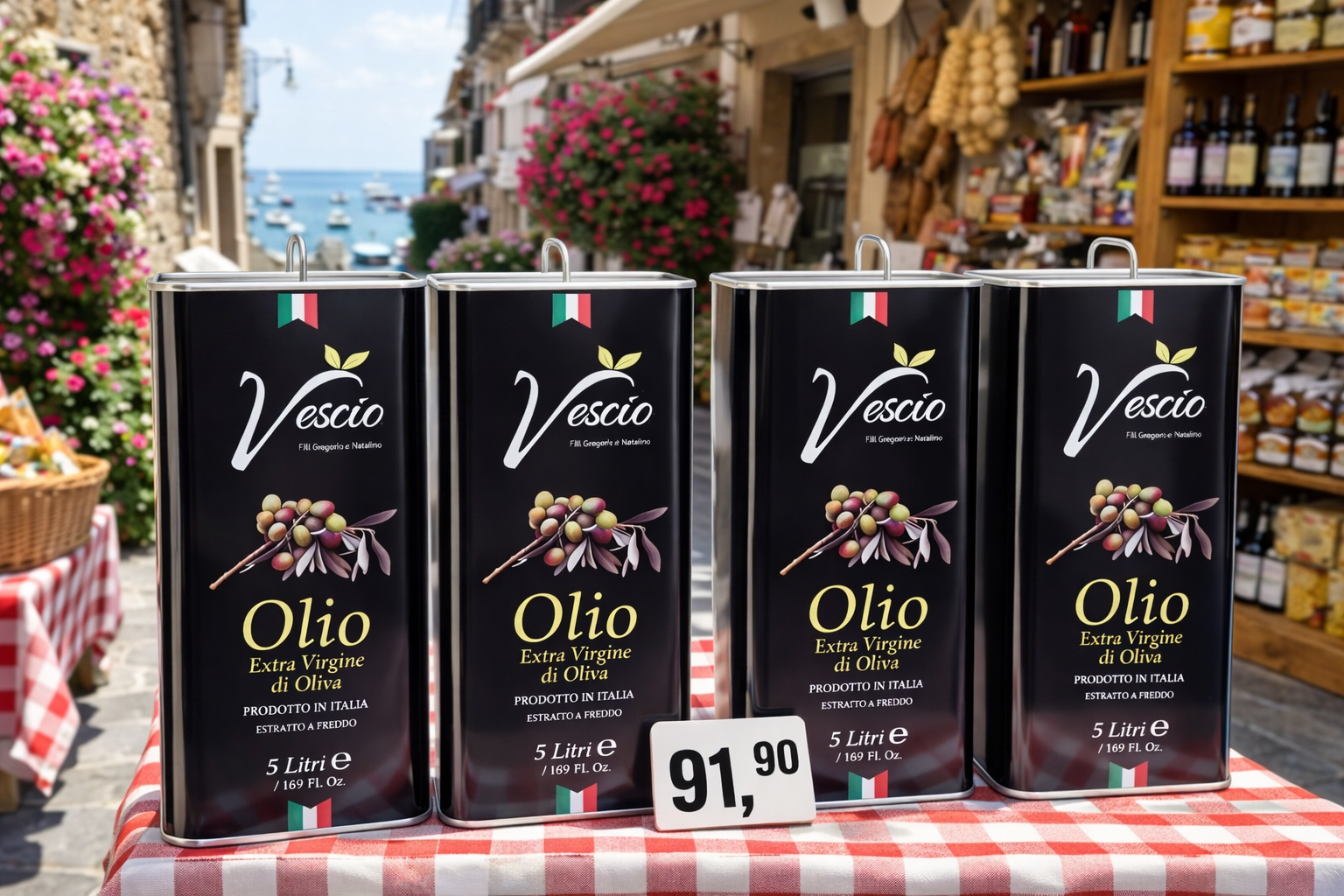 kaltgepresstes Olivenöl 5L Extra Vergine aus Italien mehrere Kanister in mediterraner Marktszene