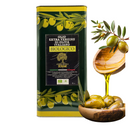 Olio Extra Vergine di Oliva Biologico – Italienisches Bio-Olivenöl in Metallkanister mit Oliven und Öl im Hintergrund