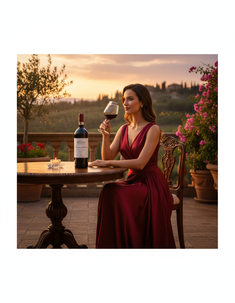 Luxuriöse Weinmoment Szene mit italienischem Rotwein bei Sonnenuntergang