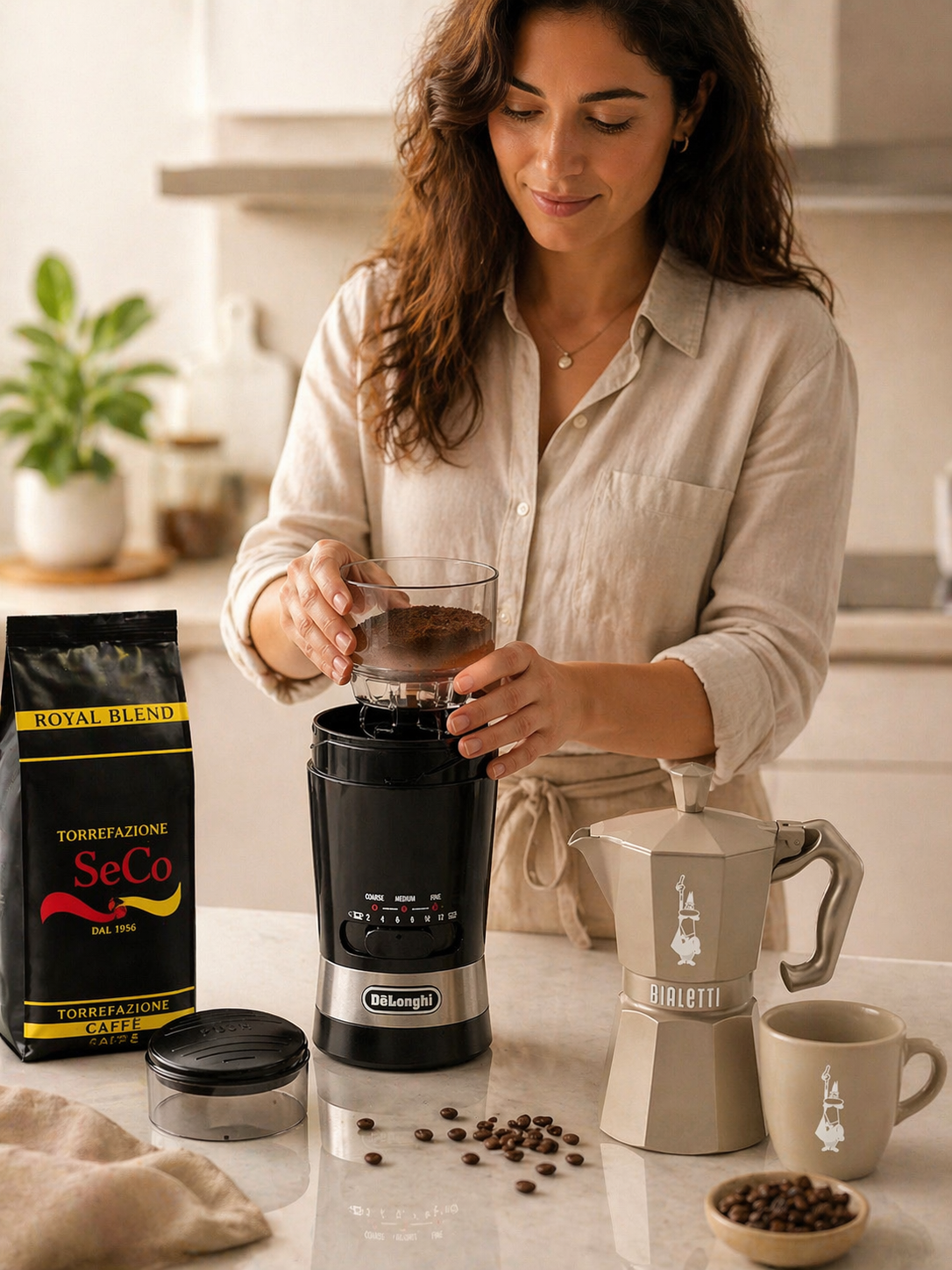     Elektrische Kaffeemühle DeLonghi KG210 im Einsatz mit Bialetti Moka