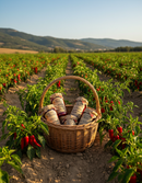 Italienische Feinkost im Korb auf Peperoncino Feld, Delizie Vaticane di Tropea Spezialitäten direkt aus Kalabrien