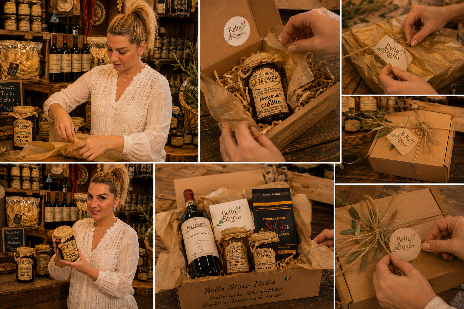 Bella Italia Store Geschenkbox mit italienischen Spezialitäten, handverpackte Feinkost aus Italien mit Wein, Kaffee, Tropea Spezialitäten und schneller Lieferung in Österreich und Deutschland