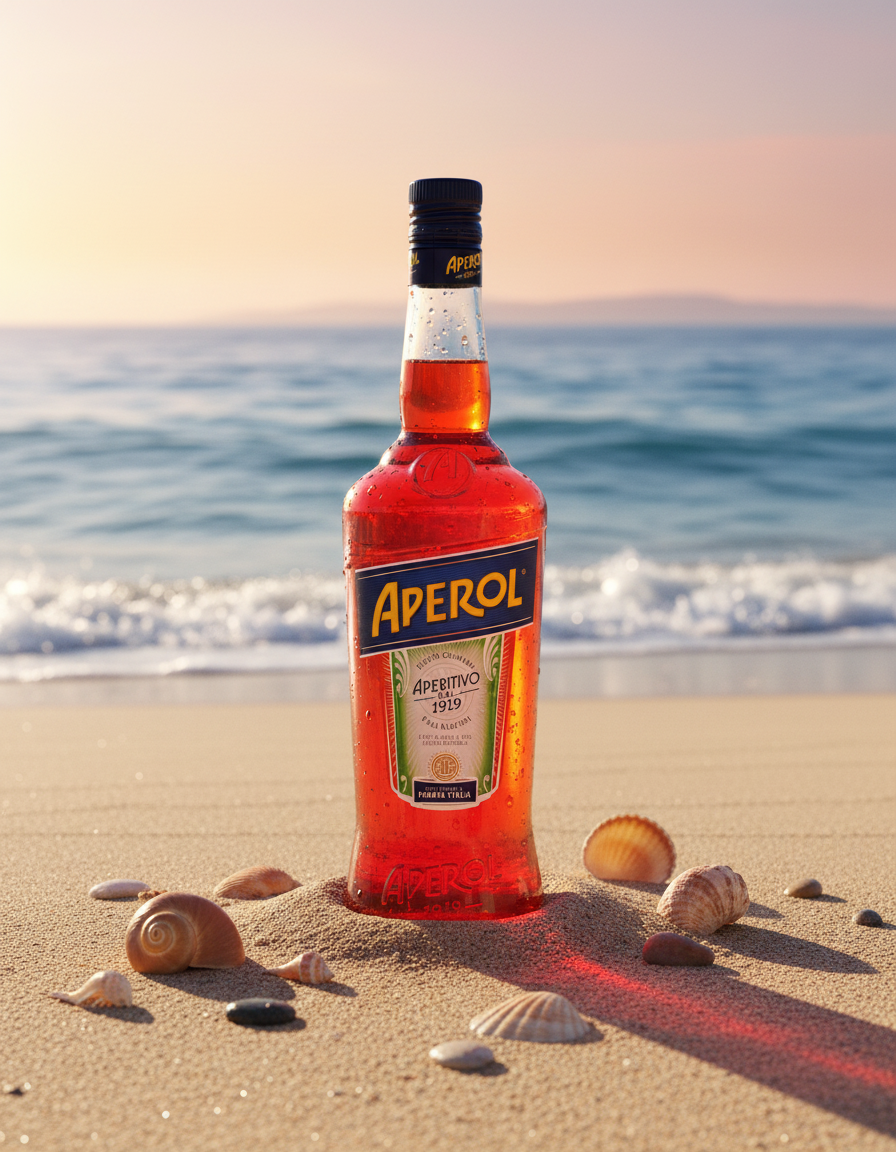 Aperol Flasche am Strand bei Sonnenuntergang mit Muscheln – italienischer Aperitif für Sommer und Aperol Spritz