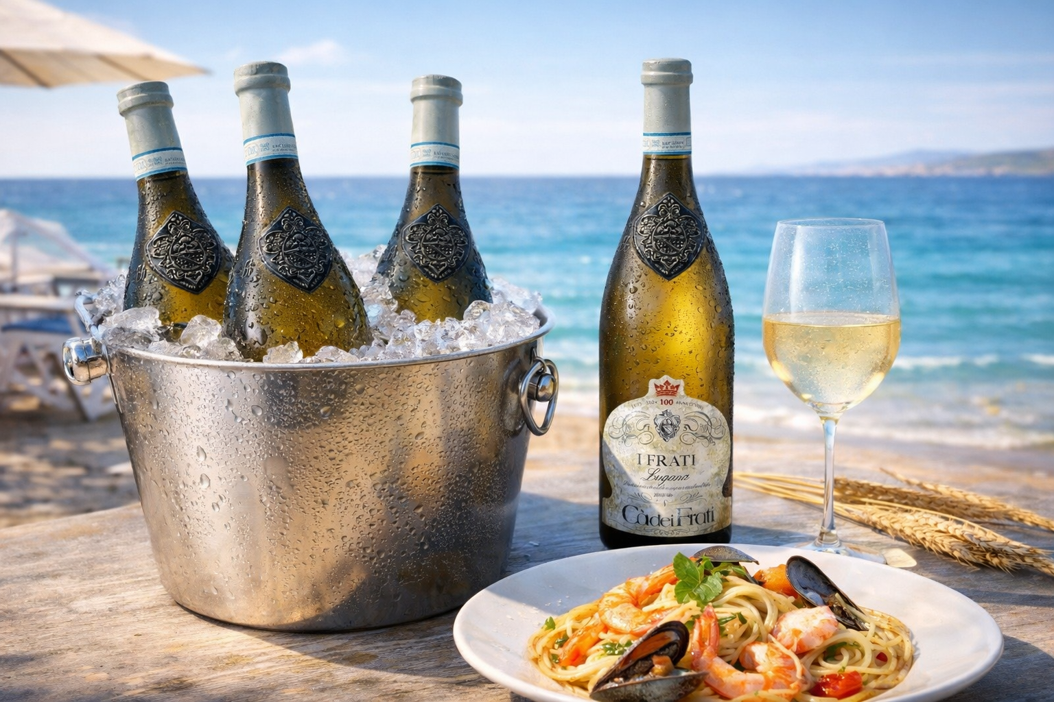 Lugana Weißwein I Frati – gekühlt am Strand genießen mit Pasta und Meeresfrüchten, italienische Sommerstimmung am Meer