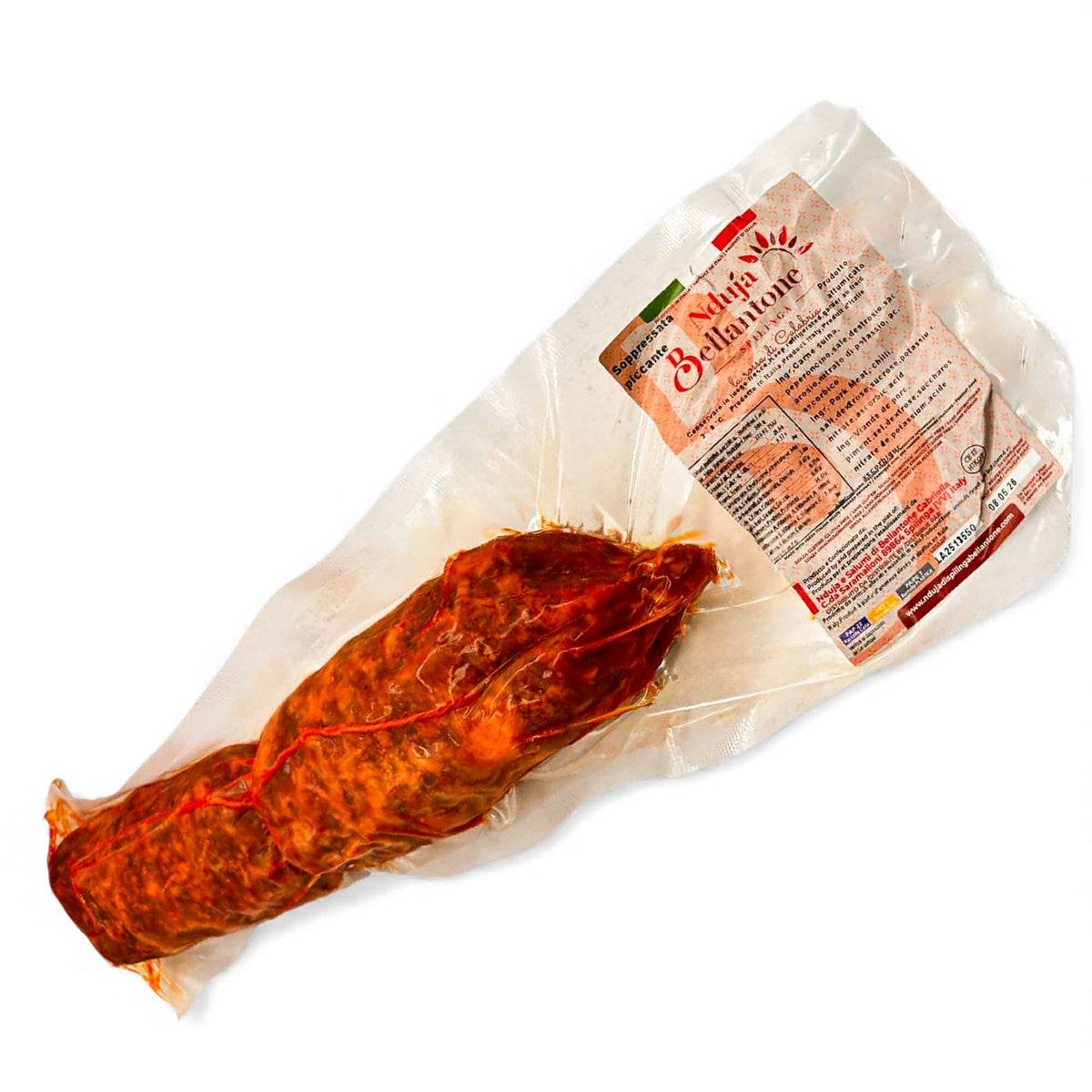 Scharfe kalabrische Schweinesalami Soppressata piccante 500 g – italienische Salami, vakuumverpackt, rustikale Präsentation mit Weihnachtsdekoration