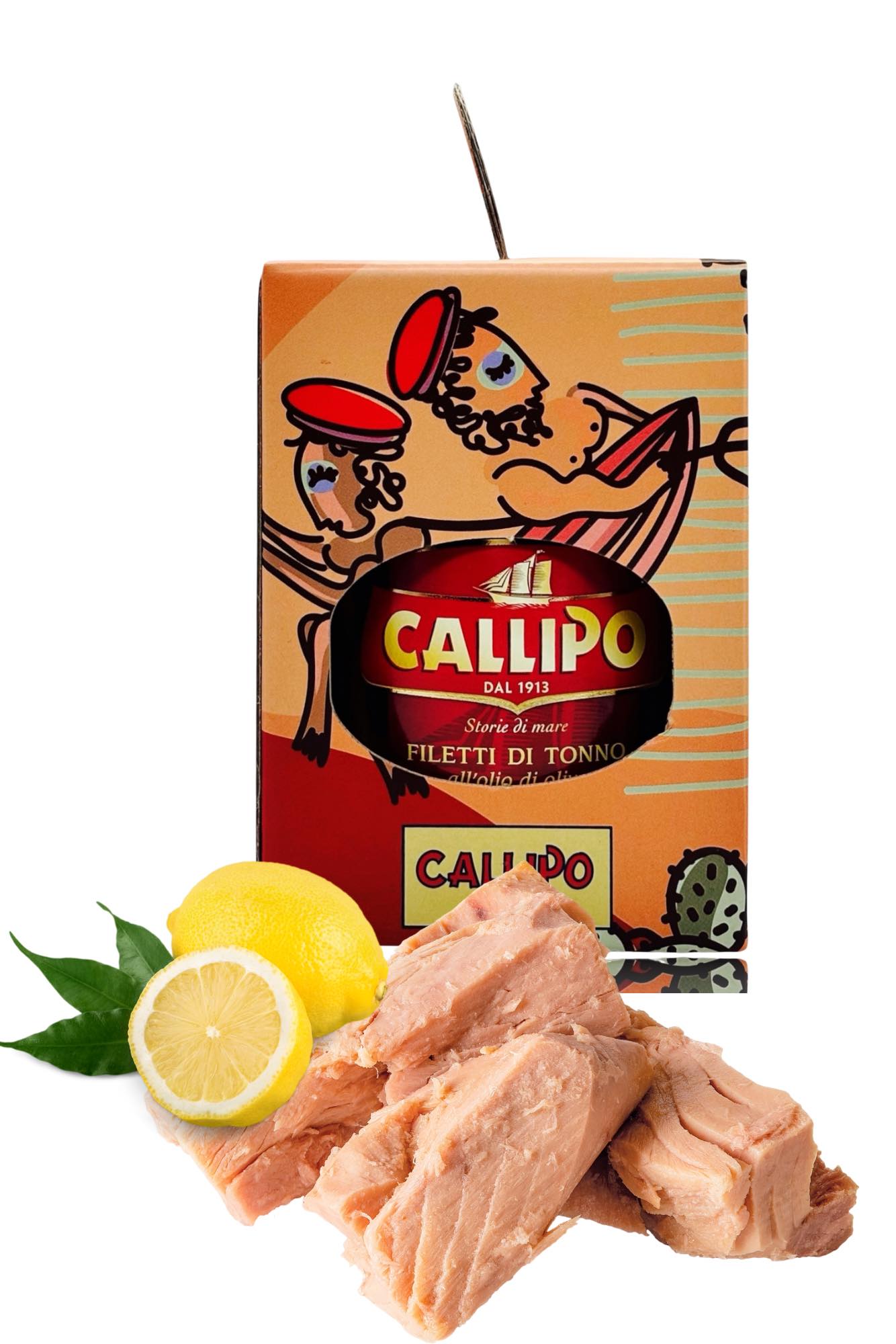 Callipo Thunfischfilets in Olivenöl – Hochwertige Thunfischfilets aus Italien, verpackt in einer stilvollen Dose mit mediterranem Design. Serviervorschlag mit Zitronenscheiben.