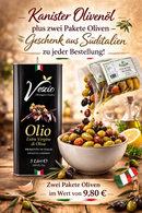 kaltgepresstes Olivenöl 5L Extra Vergine aus Italien im Metallkanister mit zwei Paketen Oliven als Geschenk