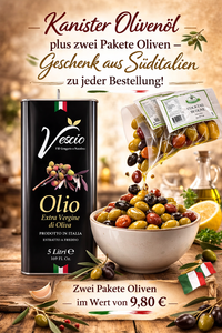 kaltgepresstes Olivenöl 5L Extra Vergine aus Italien im Metallkanister mit zwei Paketen Oliven als Geschenk